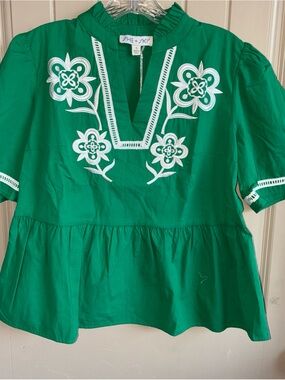 She + Sky Emerald Green Peplum Tunic with White Floral Embroidery